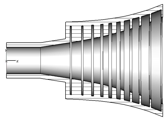 Bocina D Se desarrolló un diseño de 10 corrugaciones, con aumento exponencial del espacio entre ranuras y disminución exponencial del espesor de dientes.