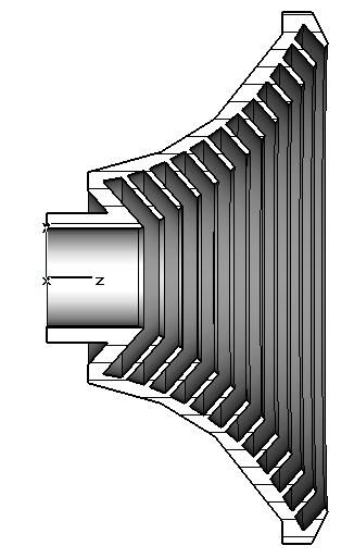 Bocina E Se desarrolló un diseño de 12 corrugaciones, para el cual se seleccionó el perfil tipo exponencial de la tabla A.