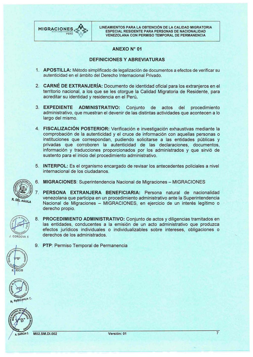 LINEAMIENTOS PARA LA OBTENCIÓN DE LA CALIDAD MIGRATORIA ANEXO No 01 DEFINICIONES Y ABREVIATURAS 1.