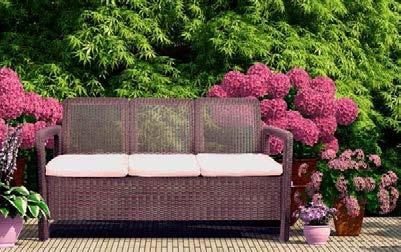 Sofa triple Tarifa Diseño de ratán redondo abierto Resistente a las condiciones meteorológicas Ideal para balcones, porches, terrazas Incluye cojines para un máximo comfort Se
