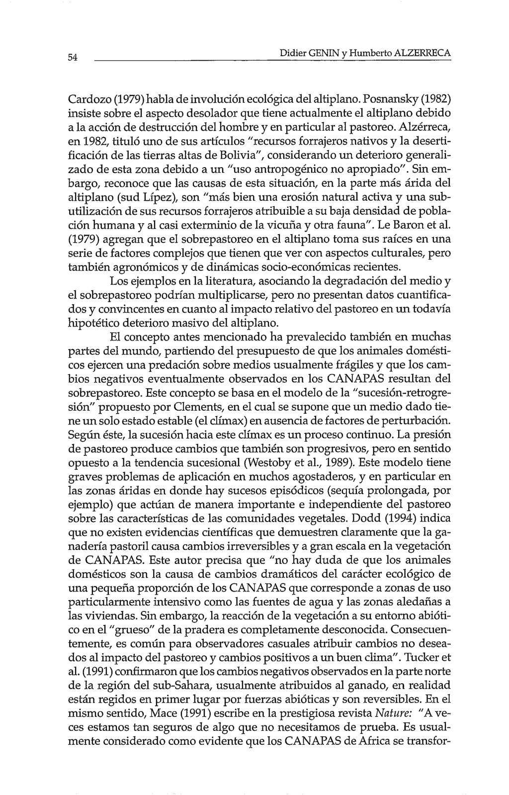 54 Didier GENIN y Humbertn ALZERRECA Cardozo (1979) habla de involución ecológica del altiplano.