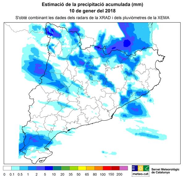 Durant la matinada del dia 11 se n va enregistrar precipitació feble i dispersa, sobretot a la meitat nord i est de Catalunya, si bé aïlladament foren moderades a