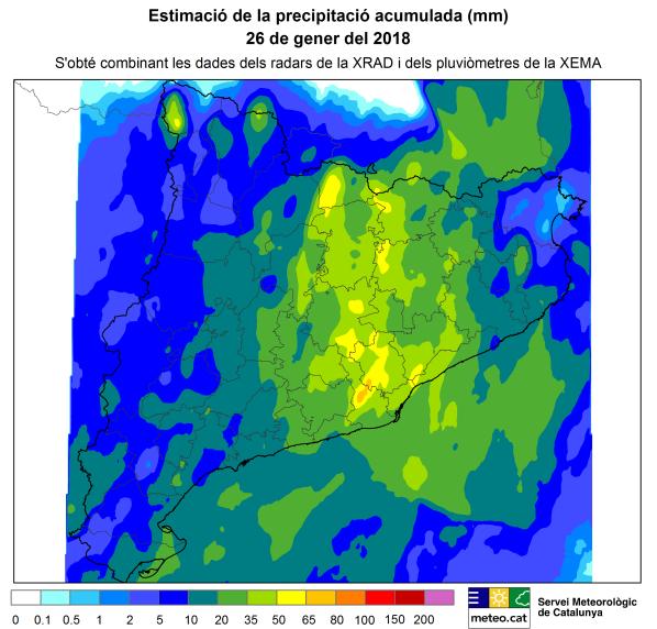 estacions de la XEMA en un gener aquests últims 10 anys: 2,5 mm en 1 minut a Torredembarra (Tarragonès) el 28 de gener de 2011 i 2,4 mm a Cabrils el passat 7 de gener de 2018.