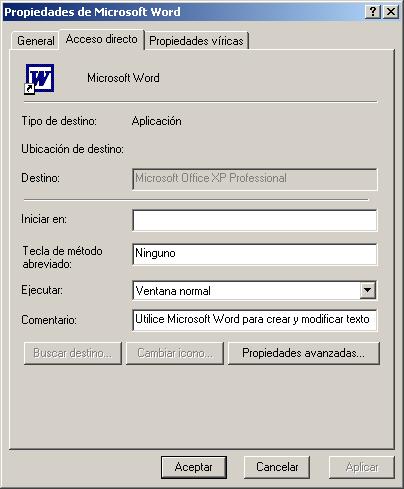 2. Windows XP: Ficheros y carpetas Configuración de los accesos directos: Para cambiar la configuración del acceso directo, basta con desplegar el menú contextual y comprobar sus Propiedades (imagen).