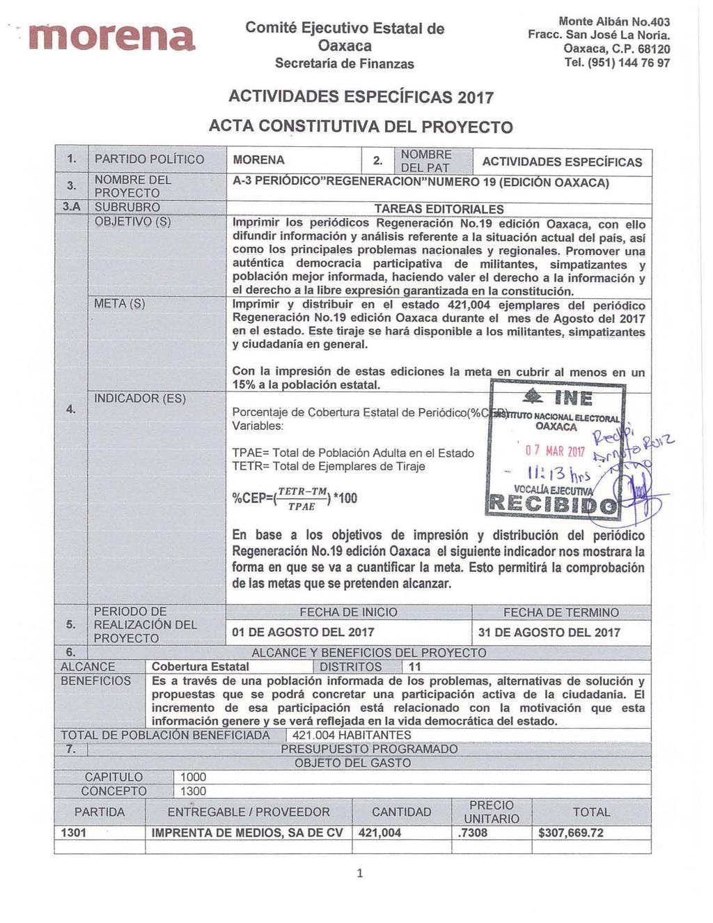 morena Secreta ria de Finanzas ACTIVIDADES ESPECiFICAS 2017 ACTA CONSTITUTIVA DEL Monte Alban No.403, C.P. 68120 1. PARTIDO POliTICO NOMBRE DEL A SUBRUBRO OBJETIVO (S) META (S) MORENA I I NOMBRE 2.