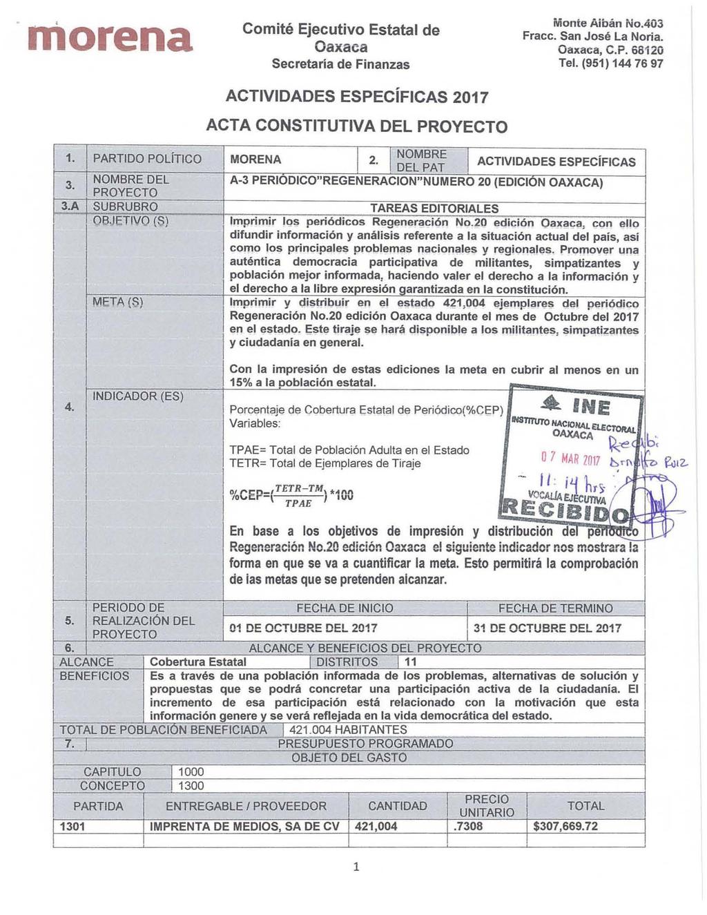 morena ACTIVIDADES ESPECiFICAS 2017 ACTA CONSTITUTIVA DEL Monte Aiban No.403 Oaxac8,C.P.68120 1. A PARTIDO POliTICO NOMBRE DEL SUBRUBRO OBJETIVQ (S) META (S) MORENA I 2.