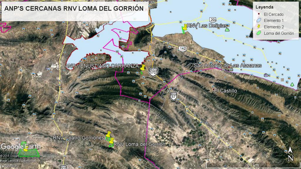 MAPA 3. Polígono de la RNV "Loma del Gorrión" y polígonos del APRN Sierra Zapalinamé y Sierra de Arteaga.