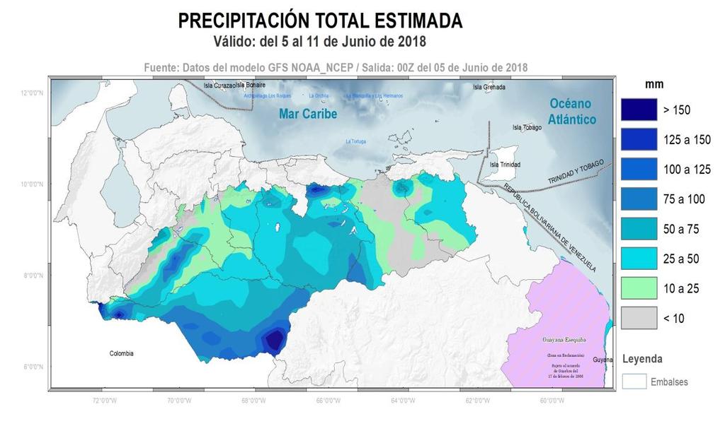 PRONÓSTICO DE LAS CONDICIONES METEOROLÓGICAS (7 DÍAS) (05 al 11 junio de 2018) A continuación, el Mapa de la precipitación total estimada, para el período del 05 al 11 junio de 2018, proveniente de