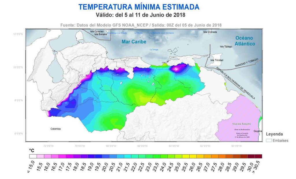 Mapa de la temperatura máxima estimada del aire, proveniente de los datos obtenidos del Modelo GFS, se esperan valores de 37 C en Anzoátegui.