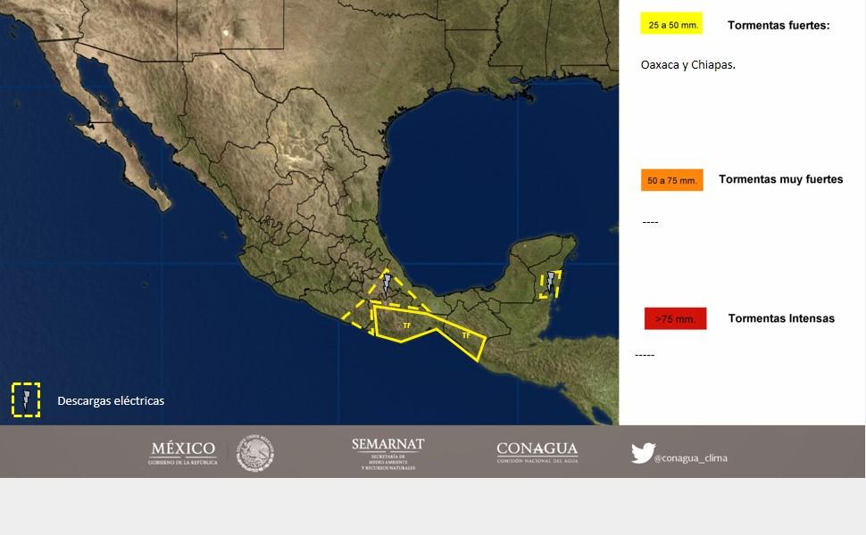 Intervalos de chubascos con tormentas puntuales fuertes (25 a 50 mm): Oaxaca y Chiapas. Lluvias con intervalos de chubascos (5.1 a 25 mm): Guerrero, Veracruz, Tabasco, Campeche y Quintana Roo.