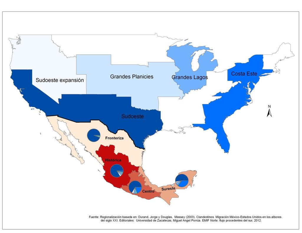 Distribución de migrantes laborales procedentes del sur por región de nacimiento y lugar de destino en Estados Unidos, 2012 2,1 3,0