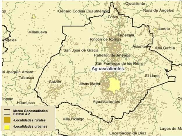 Capital: Aguascalientes Municipios: 11 Extensión: 5 618 km2, el 0.3% del territorio nacional. Población: 1,184,924 habitantes, el 1.1% del total del país.