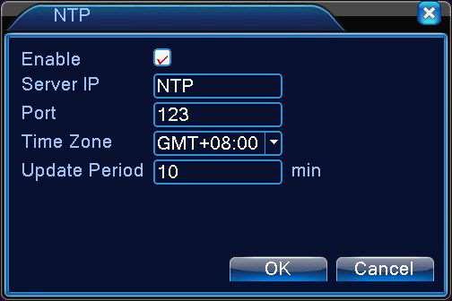 6.3.2 (Nastavenie NTP) NTP server musí byť nainštalovaný na PC. Obrázok 6.4 Nastavenie NTP [Oprávnenie (Enable)]: Znamená aktivovať (vybrať) nastavenia, ktoré môţu byť efektívne.