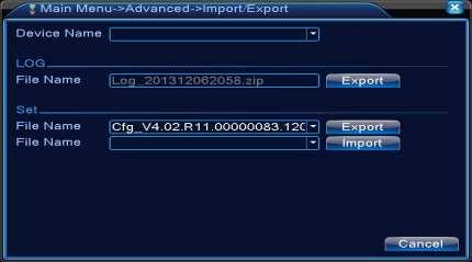 Tieţ môţete importovať konfiguračný súbor z flash disk pre nastavenie, čo prináša značné výhody pre zákazníkov. Obrázok 7.21 Rozhranie importu/exportu 7.