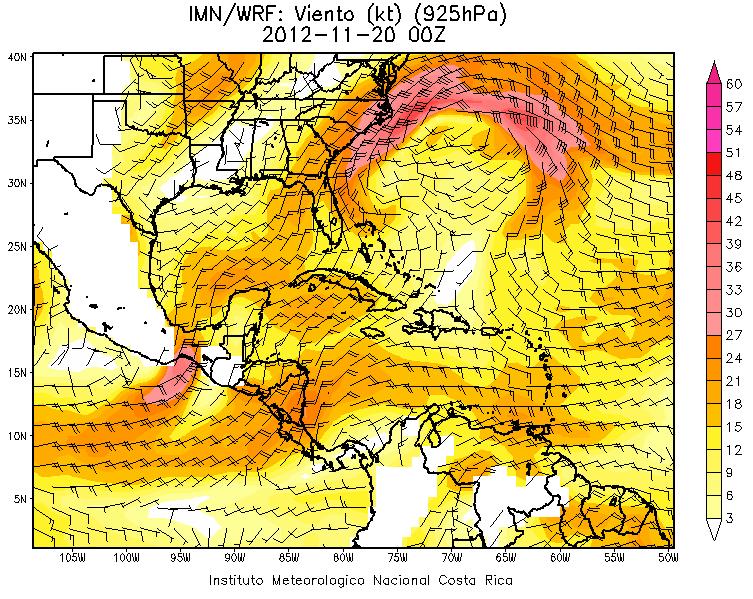 La línea de cortante (LC) penetró ampliamente hacia el sur del Mar Caribe durante el periodo del 19-21 noviembre, días en los cuales también se dieron las lluvias más fuertes. Figura 11.