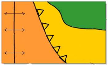 46.- Las dos estructuras representadas en el mapa geológico son: A. Un antiforme y una falla inversa. B. Un sinforme y una falla normal. C. Un sinforme y una falla inversa. D.