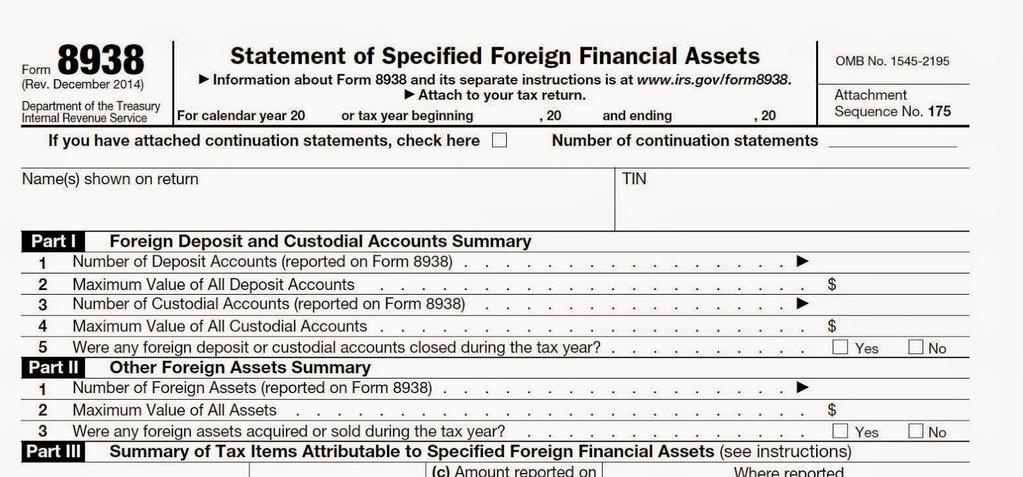 Reportaje por Individuos Planilla FATCA/IRS Form 8938 Nombre del contribuyente y resumen