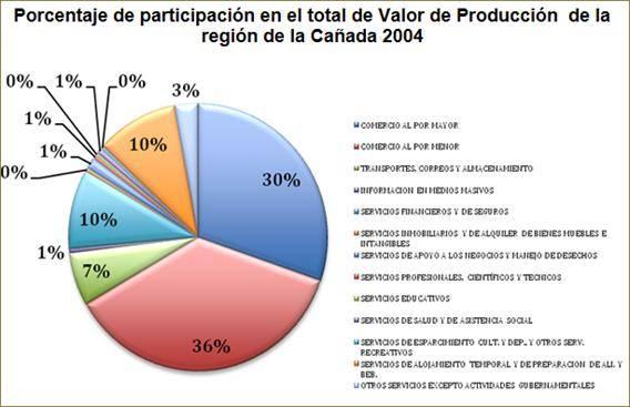 Fuente: Elaboración propia a partir de datos del censo económico 2004, INEGI Grafica 56 Porcentaje de participación en el total de Valor de producción terciaria de la región de la Cañada 2004 Las