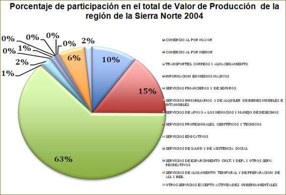 Fuente: elaboración propia a partir de datos del censo económico 2004, INEGI Grafica 60 Porcentaje de participación en el total de Valor de producción de la región Sierra Norte 2004 Para el año 2009
