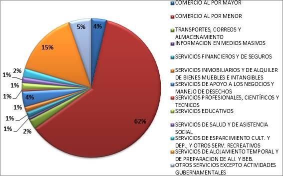 actividades gubernamentales (5%), servicio de apoyos a los negocios y manejo de los desechos (5%) y comercio al por mayor con (5%). Fuente: INEGI Censos Económicos 2009.