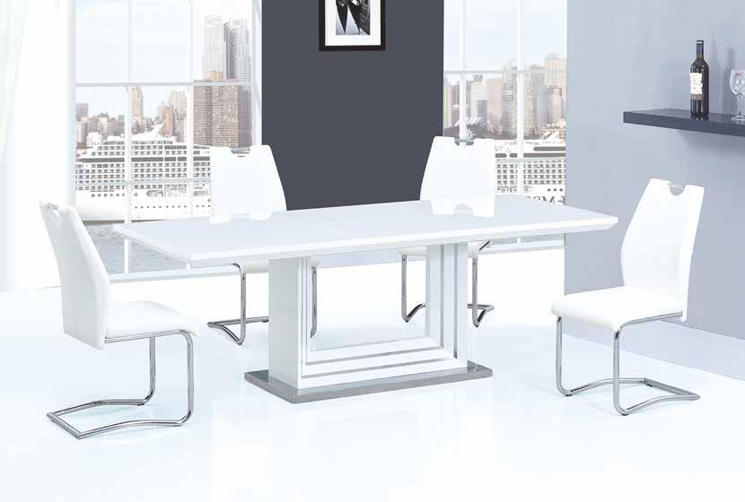 TIGRIS Elegante mesa lacada en blanco alto brillo con detalles de acero en pata central
