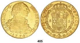 600, F 405 8 Escudos. 1774. MADRID. P.J. 27 grs. Gran parte de brillo original. (Pequeña hojita en leyenda del reverso).