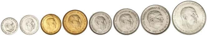 STARTING PRICE IN UROS F 706 Serie 8 monedas 10 Céntimos a 100 Pesetas. (*71). En tira original F.N.M.T. La de 100 Pesetas (*70). PRUEBAS.