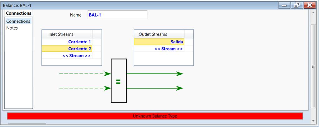 2. En Inlet Streams se seleccionan las corrientes 1 y 2, y en Outlet Streams se selecciona la corriente Salida. Figura 1.2. Conexión de corrientes de materia Aspen-Hysys 3.