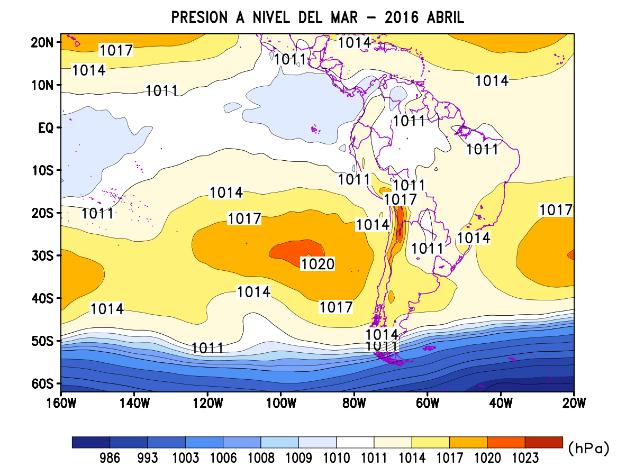 1. CAMPO DE PRESIONES ATMOSFÉRICAS Durante el mes de Abril, en promedio, el campo de presiones frente a la costa norte no mostró anomalías negativas importantes; las principales anomalías negativas