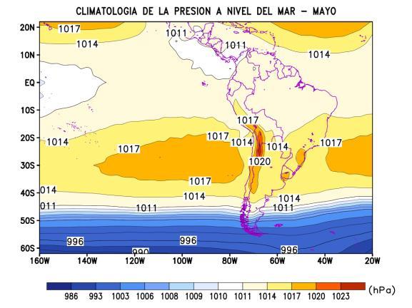 El Anticiclón del Pacífico Sur (APS) se presentó debilitado, no mostrando una configuración definida, con valores de presión alrededor de 1017 hpa en su posición climatológica.
