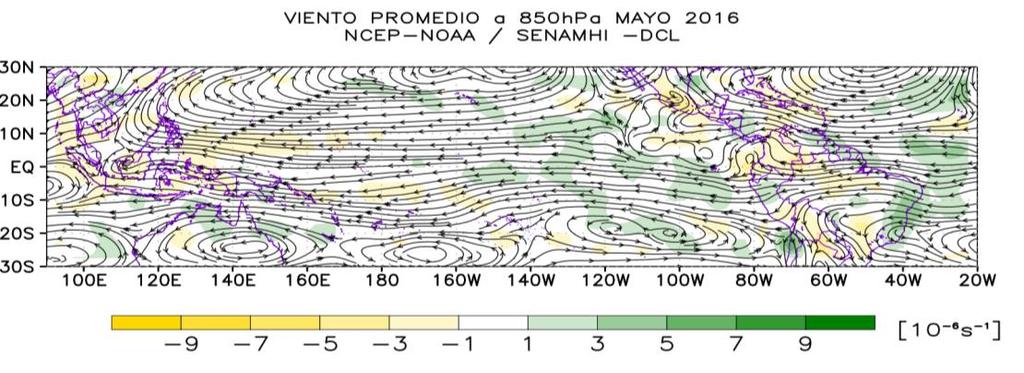 2. CAMPO DE VIENTOS En niveles bajos de la tropósfera, se observa ligeras anomalías de viento del este en el Pacífico occidental, entre los 120ºW-160ºW aproximadamente; Asimismo, sobre el Pacífico