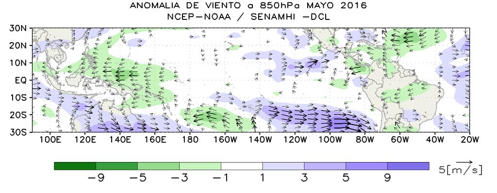 En 500hPa, en promedio, sobre el Pacífico no se observan anomalías importantes en la circulación de viento.
