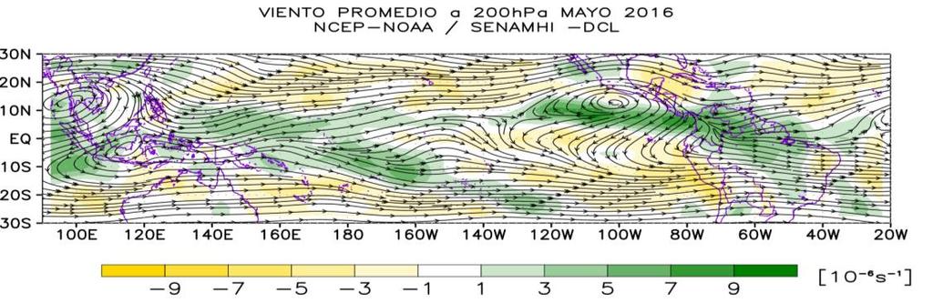verde indican la predominancia de anomalía de vientos del oeste y este, respectivamente.