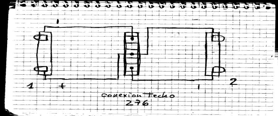 Cableamos la placa del techo tal como indica el dibujo, los números 1 y 2 corresponden a los testeros de la locomotora. En el dibujo vemos el montaje desde arriba.