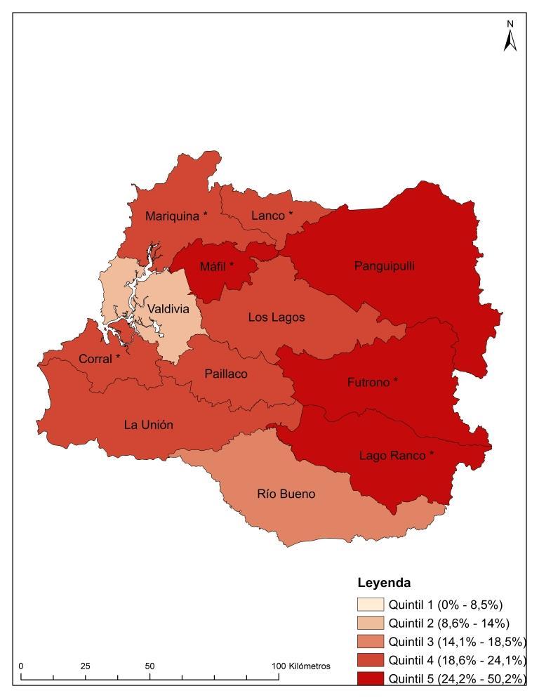 Porcentaje de población en situación de Pobreza por Ingresos en comunas de la Región de Los Ríos (2015) Porcentaje de población en situación de Pobreza Multidimensional en comunas de la Región de Los