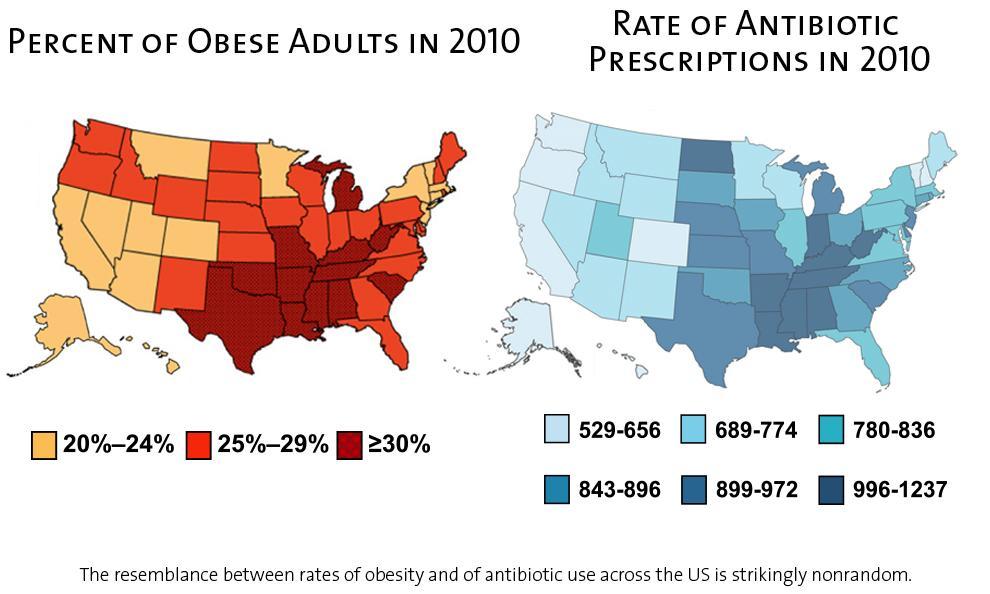 Mapa de Estados Unidos de obesidad y prescripción de antibióticos Fuente: Petschow et al.
