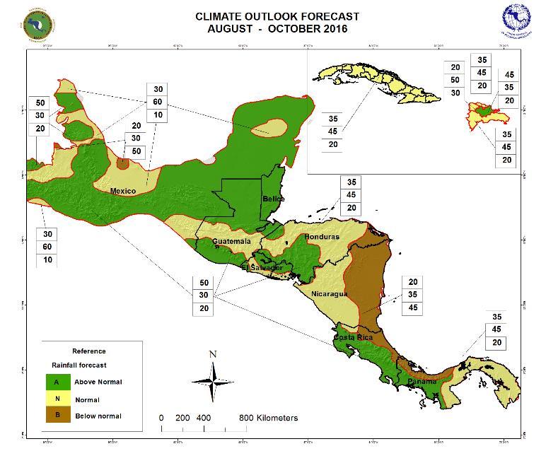 Figura 1. Perspectiva climática para Mesoamérica, agosto octubre 2016.