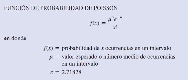 La función de probabilidad de Poisson se define mediante la ecuación Es preciso observar que el número de ocurrencias x, no tiene límite