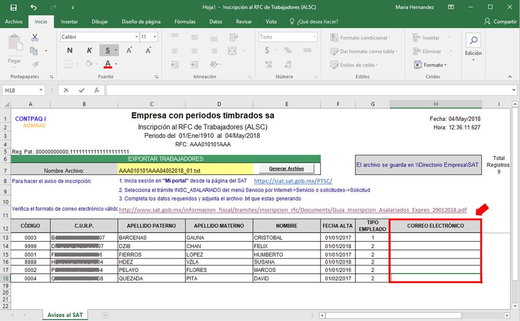 4. Si no tienes capturado el correo electrónico en el catálogo de empleados, captúralo en la columna del archivo de Excel; ya que es un dato que se debe incluir en el archivo txt de trabajadores.