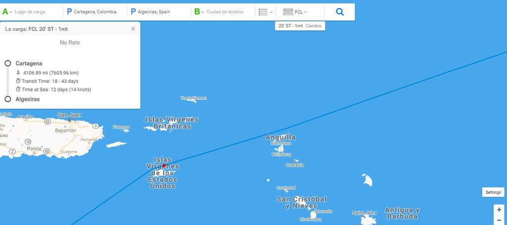 SeaRates (2016) Luego el buque cruza por barranquilla y se dirige al sur de Puerto Rico en la Islas Vírgenes de