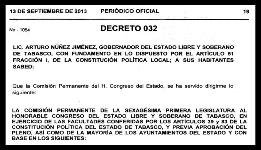 ABROGACIÓN DE LA LEY DE PARTICIPACIÓN CIUDADANA DEL ESTADO DE TABASCO Con fecha 13 de septiembre de 2013 fue publicado en el Periódico Oficial del Estado de