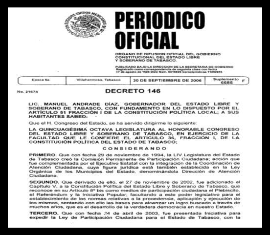 ANTECEDENTES Con fecha 13 de septiembre de 2006, fue publicado en el Periódico Oficial del Estado de Tabasco, el suplemento 6685 F el decreto 146, por el que se expidió la Ley de Participación