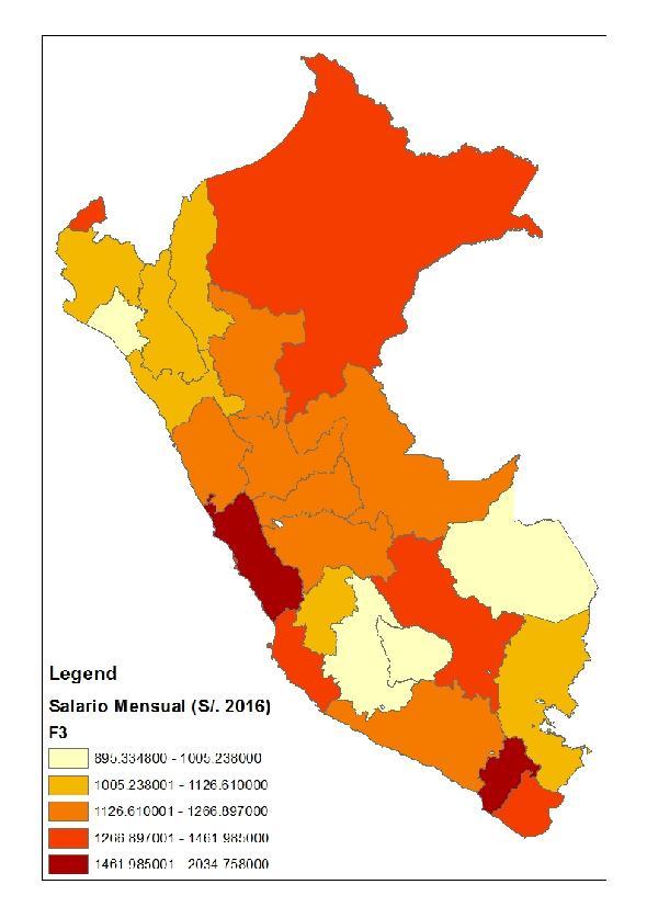 Las diferencias regionales de ingresos y productividad laboral Perú: Ingreso (deflactado a precios de Lima) promedio mensual por departamento. 2016 Salario por departamento Lima 2034.