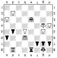 5 5. f4 e7 6. fe1 e3 7.c3 h5! 8. e2 ae8 9. d6 b5 10. d3 e5 11. f1 a6! Para impedir la maniobra defensiva blanca: el d5 y el peón c4. 12. f3 b5 13.g3 c5 14.a4 b6 15. c2 b7 16. g2 d8 17.axb5 axb5 18.