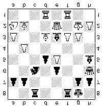 8 Al contrario con la variante con 1. xc5?! aquí el negro no tiene jugada 6... b7 por 7. d6 c7 8. xg6+ f8 9. h6+ e8 [9... g8 10. g6#] 10. h8 e7 11. f6+ f8 12.. d5 d7 13. xc6 xc6 14. d8+.. 6... b7 7.