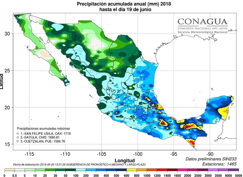 Precipitación y su anomalía registrada acumulada en lo que va del año 2018 en mm TEMPERATURAS: ANÁLISIS Y PRONÓSTICO (mapas de modelos numéricos) (por localidad) T. Máx. en C: 44.0 en Presa Ing.