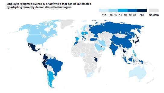Los países serán impactados por la automatización Porcentaje global ponderado por empleado de actividades que