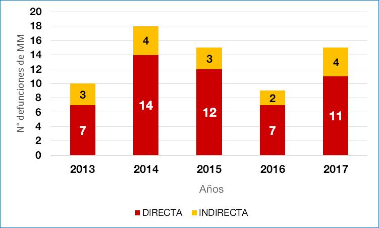 El gráfico representa el tipo de muertes maternas por provincia, ocurridas en la región Cajamarca, quinquenio 2013-2017, hasta la S.E. 22.