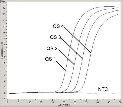 Fig. 7: Detección de los estándares de cuantificación (WNV LC/TM QS 1-4) en el canal del fluorímetro