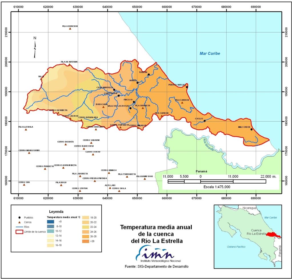 Fuente: Atlas Climatológico de Costa Rica. IMN, 2009 Figura 11. Isotermas 4.3 Evapotranspiración La evapotranspiración anual se marca entre los 1.100 a 1.